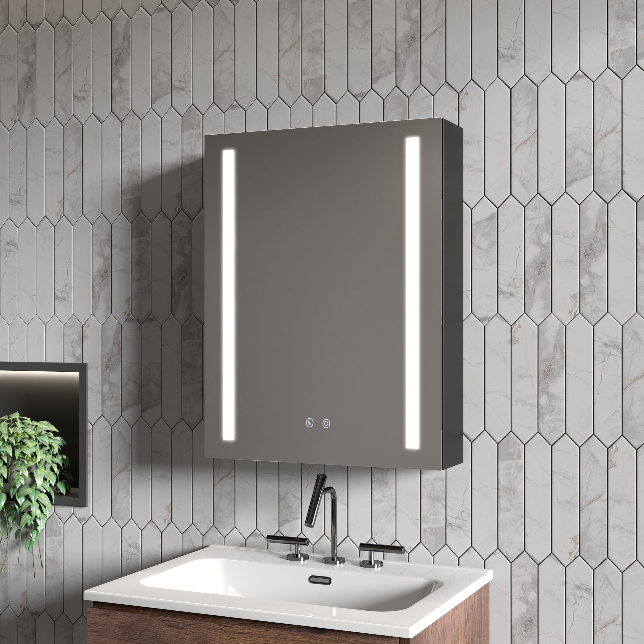 20" W X 26" H Modern Wall Mounted Led Frontlit Bathroom Mirror Cabinet With Us Standard Plug, Temperature Adjustable, Memory Touch Switch, Large Storage Silver Glass