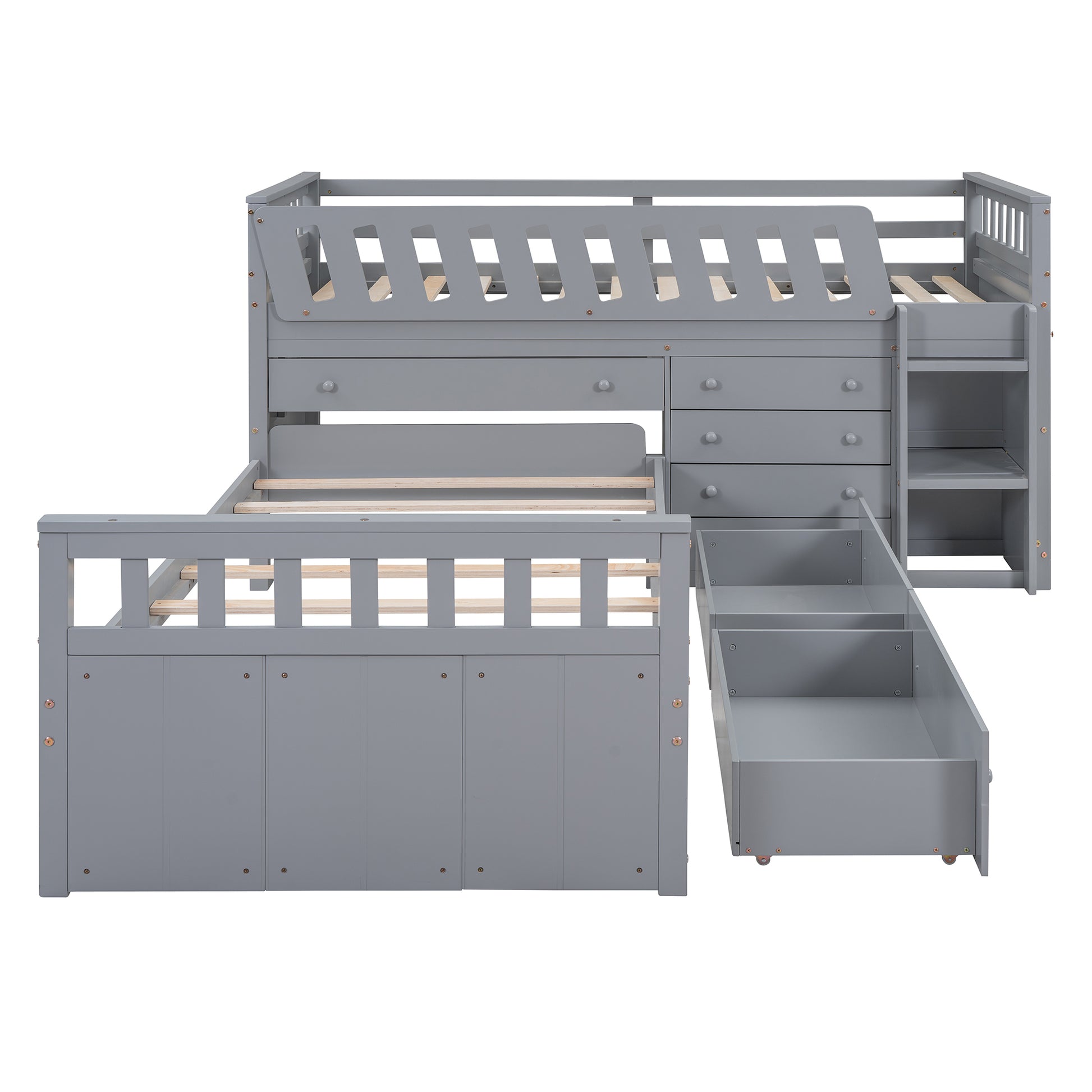 L Shaped Space Saving Twin Loft And Twin Platform Bed With 7 Drawers And Full Guardrails Gray Twin Gray Solid Wood