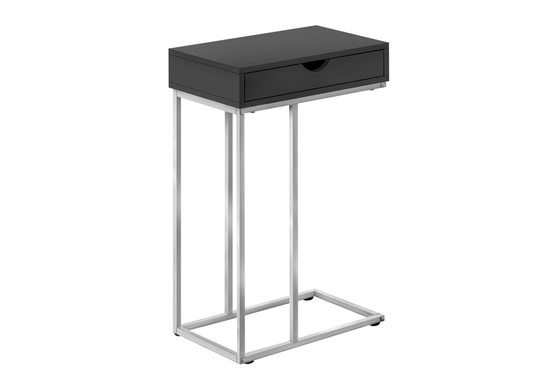 Accent Table, C Shaped, End, Side, Snack, Storage Drawer, Living Room, Bedroom, Black Laminate, Grey Metal, Contemporary, Modern Black Particle Board