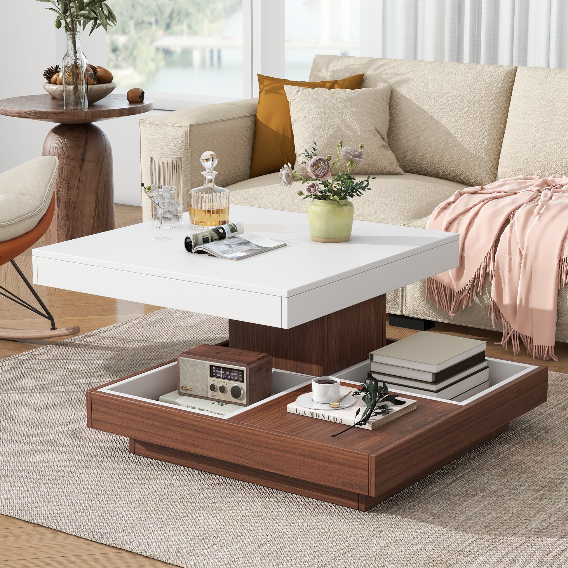 Modern Square 360 Rotating Coffee Table With Three Detachable Tray, 2 Tier Farmhouse Wood Center Table With Storage For Living Room, White, 27.5*27.5In White Walnut Primary Living Space Mdf