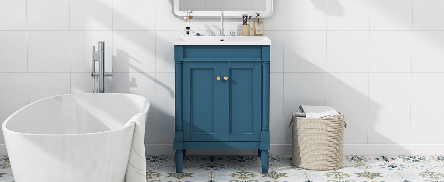 24'' Bathroom Vanity With Top Sink, 2 Tier Modern Bathroom Storage Cabinet, Single Sink Bathroom Vanity, Large Storage Shelves Blue 2 1 Adjustable Hinges Freestanding Modern Solid Wood Mdf Resin Painted