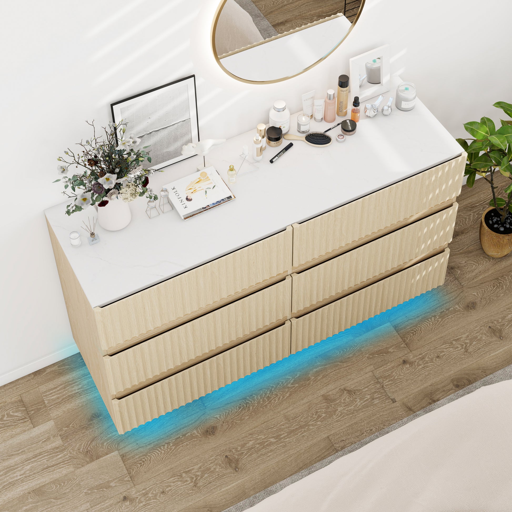 Fluted 6 Drawers Dresser ,Double Dresser Chest Of Drawers, 47.24" Modern Chest Of Drawers With Led ,Drawer Organizer For Bedroom, Living Room, Hallway Natural Primary Living Space Modern Particle