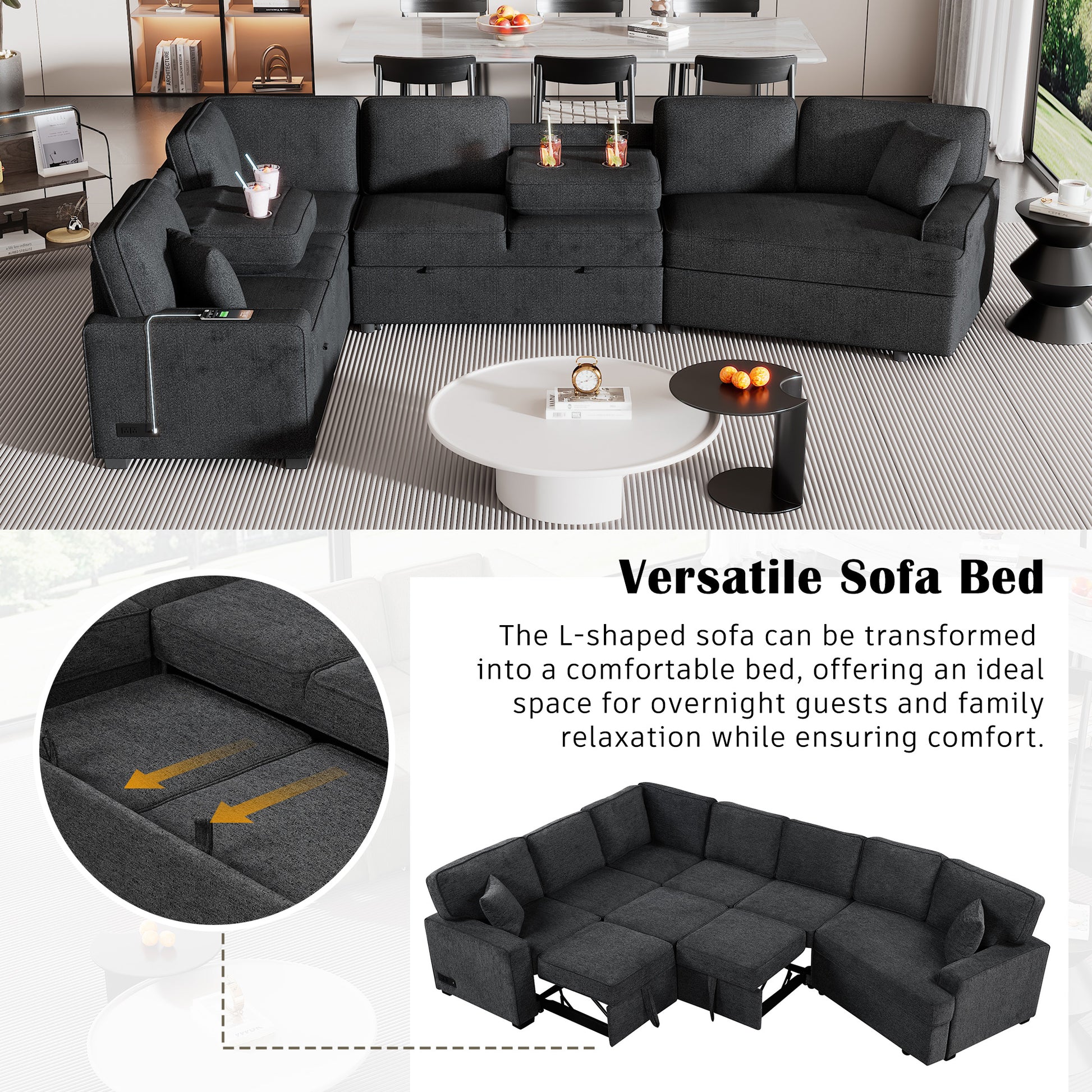 126" L Shaped Sofa Sectional Sofa Couch Pull Out Sofa Bed With Charging Devices And Cup Holders For Living Room, Blue Black Black Blue Foam Chenille 6 Seat