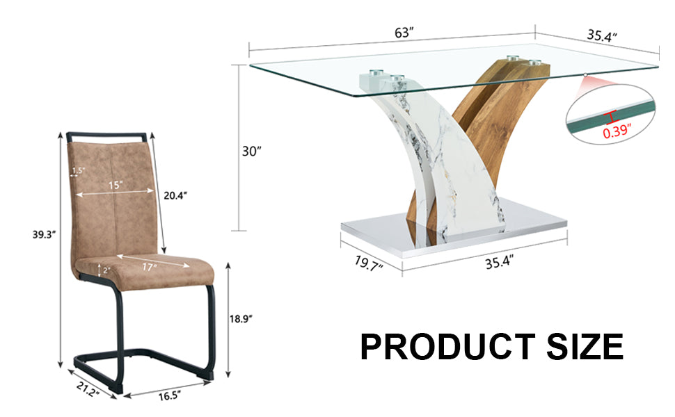 Table And Chair Set.Modern Dining Table, Tempered Glass Countertop With Artistic Mdf Legs.Paried With 4 Comfortable Chairs With Pu Seats And Metal Legs. Suitable For Various Decoration Styles. Black Brown,Transparent Seats 4 Mdf Metal