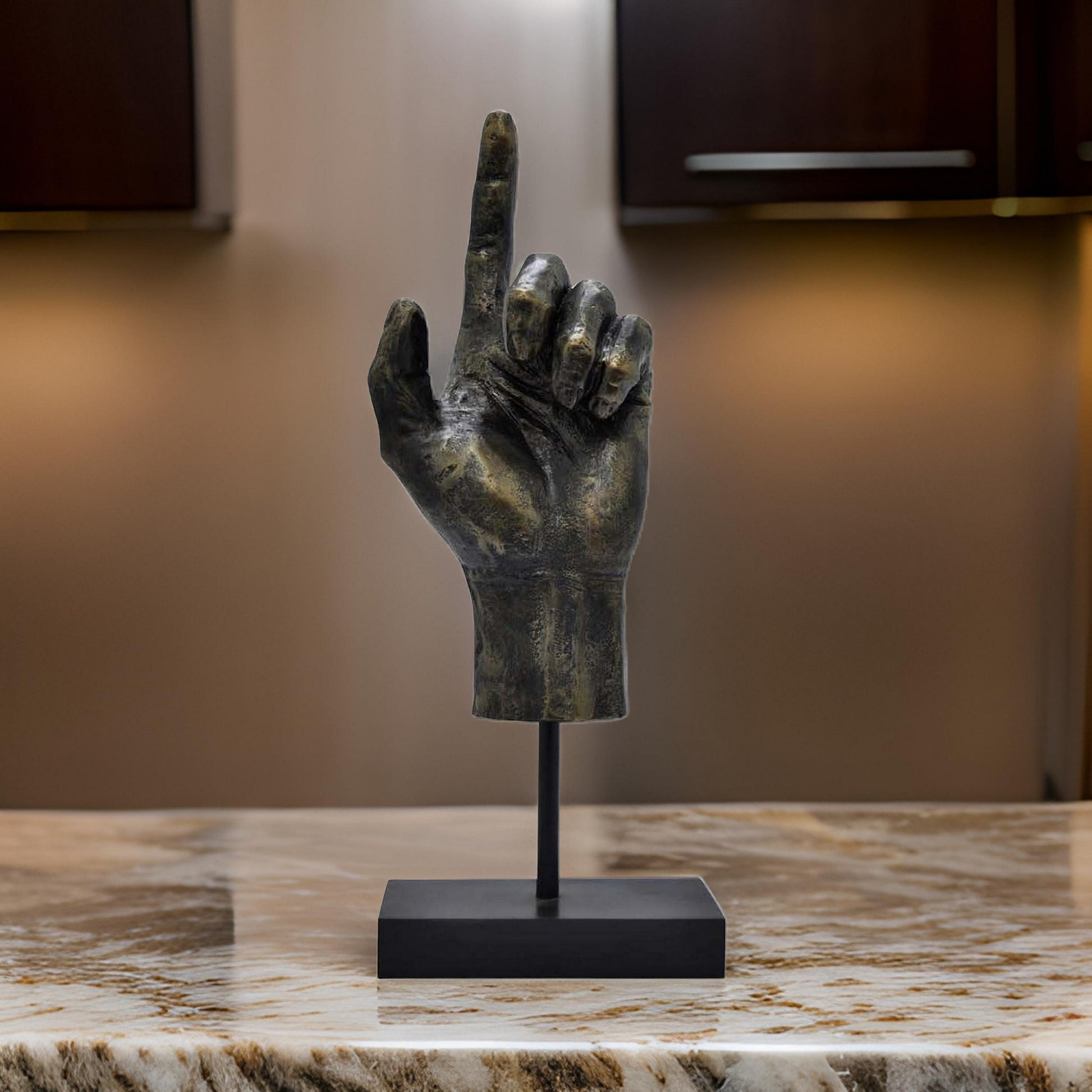 24 Inch Pointing Hand Sculpture, Pedestal 'Base, Resin Frame, Bronze Bronze Resin