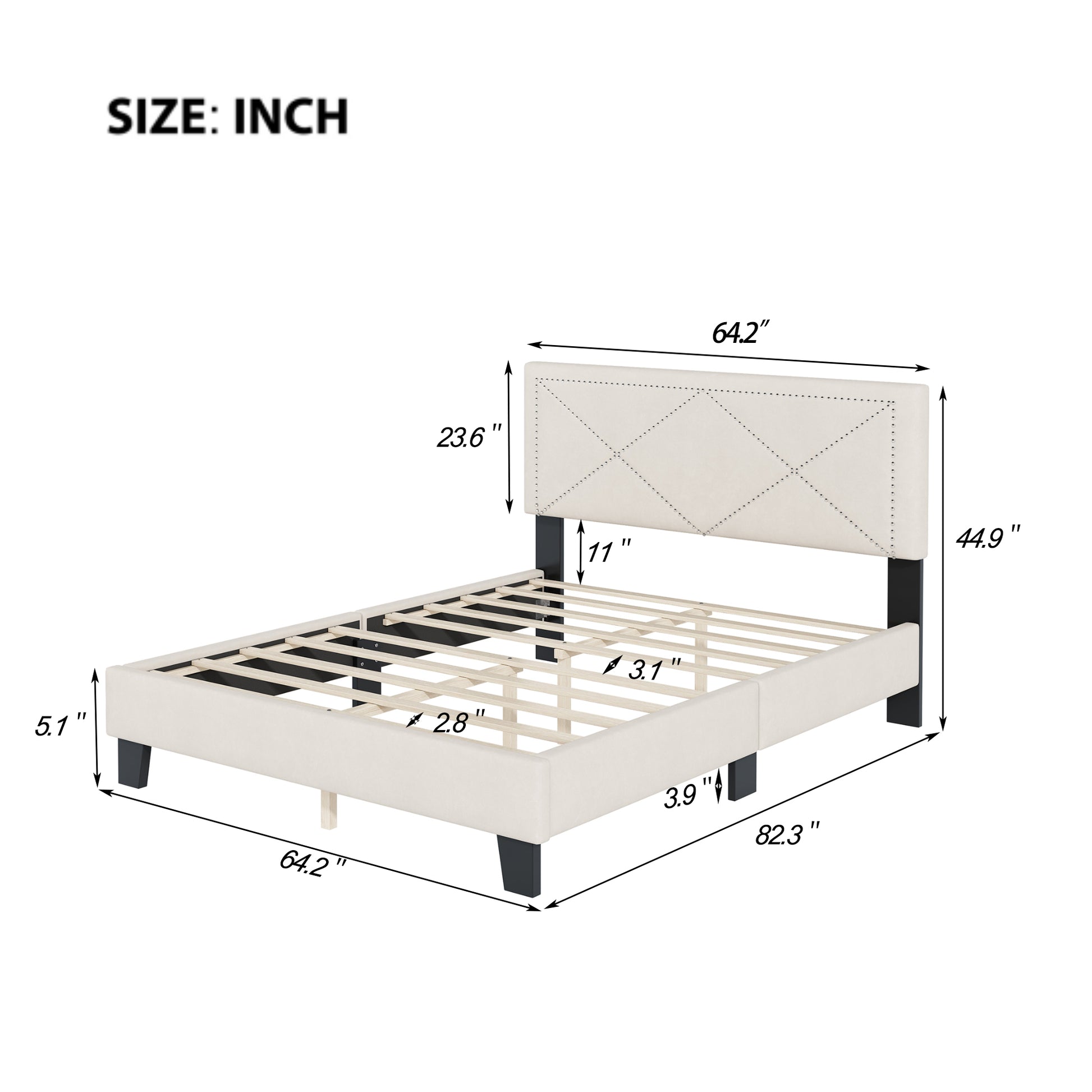 Simple Queen Size Upholstered Bed Frame With Rivet Design, Modern Velvet Platform Bed With Headboard, Beige Queen Beige Bedroom Bed Frame Velvet Solid Wood Mdf