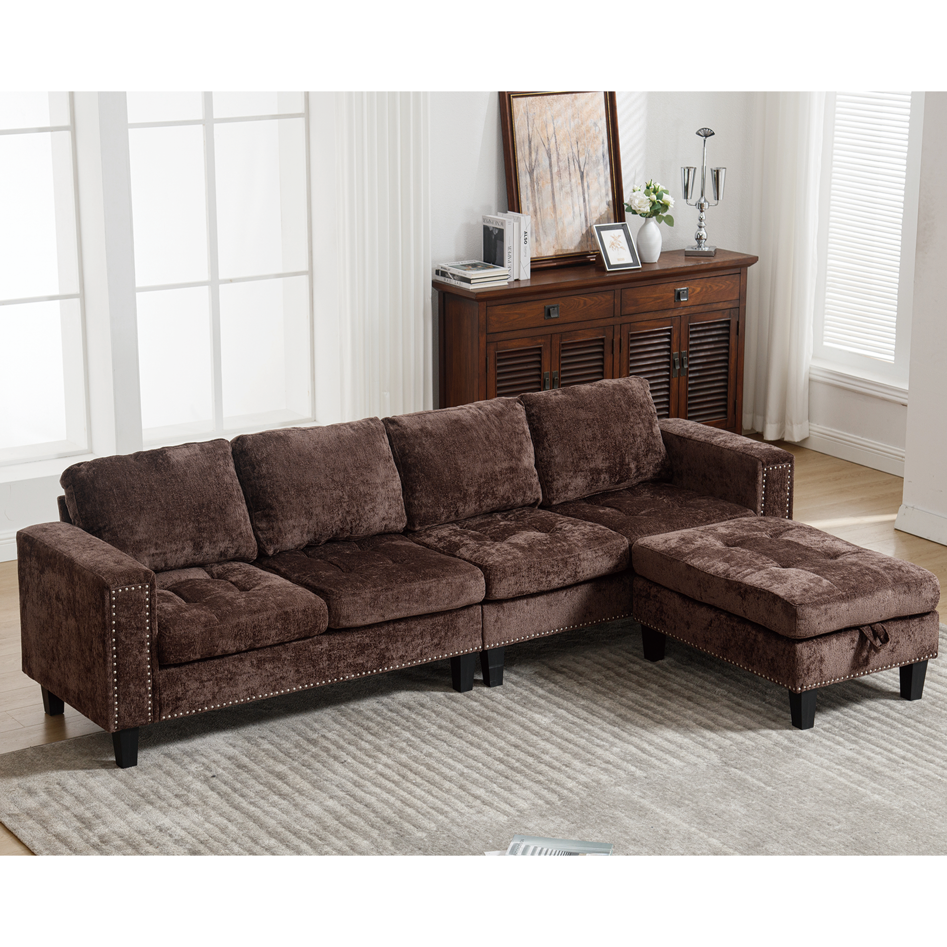 Arrived 5 Seat Modular Sofa,With Storage Ottoman, Convertible Sectional Sofa, L Shaped Couchreversible Chaise ,Riveted Sofa,Chenille, Brown Brown Polyester Wood Primary Living Space Medium Soft Cushion Back Modern Square Arms Foam Metal & Wood 5 Seat