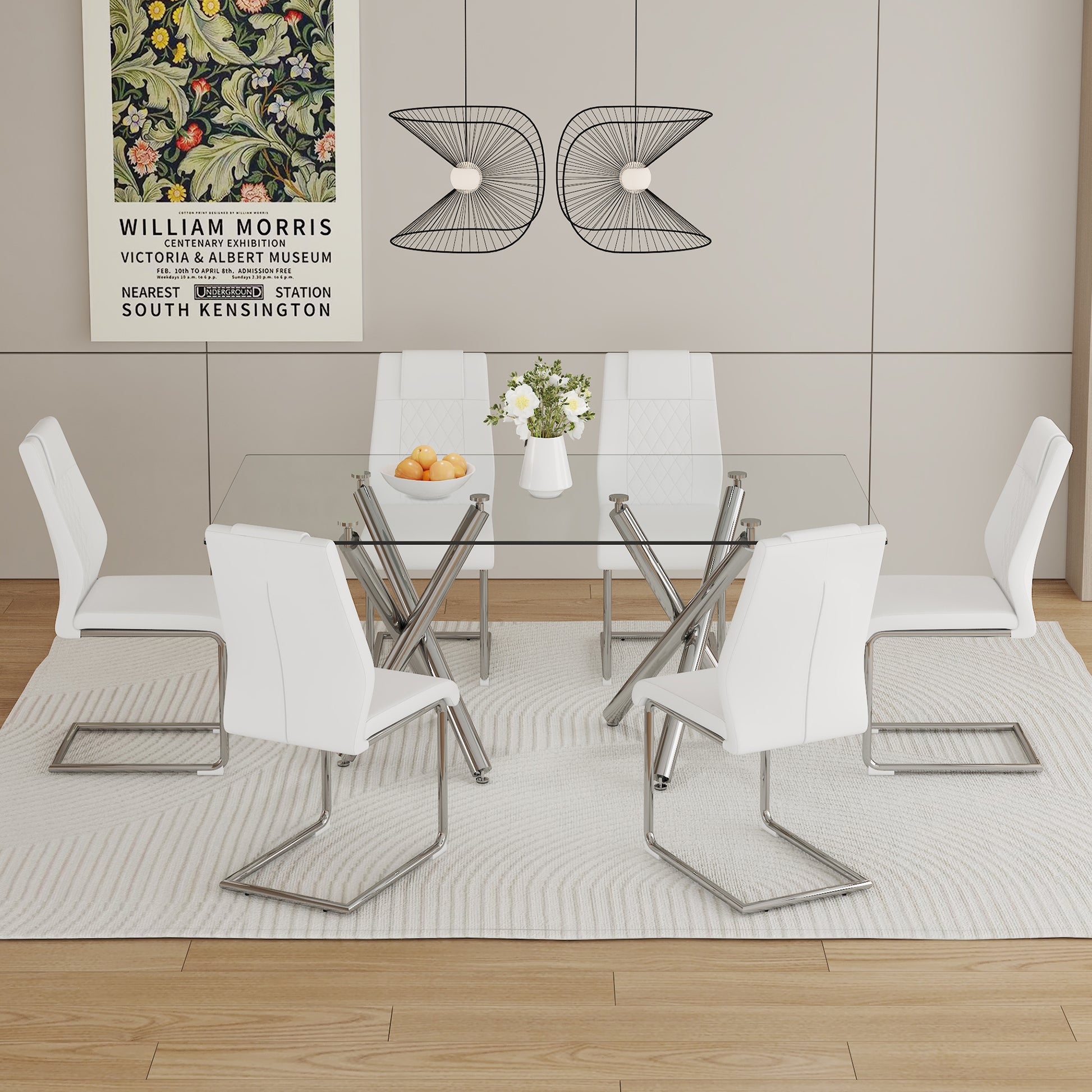 Table And Chair Set.Large Minimalist Rectangular Glass Dining Table For 6 8 With 0.39" Tempered Glass Tabletop And Silver Chrome Metal Legs.Paried With Comfortable Chairs With Pu Seats And Metal Legs. Silver Seats 6 Glass Metal