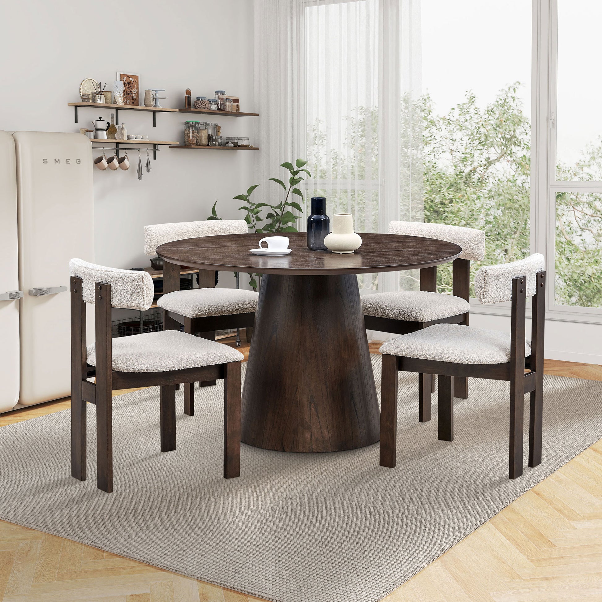 47.24'' Round Modern Style Mdf Wood Dining Table For Kitchen, Living Room, Cafe, Stylish Leisure Desk With Sturdy Cylindrical Base, For Small Spaces, Apartment,Brown Brown Mdf