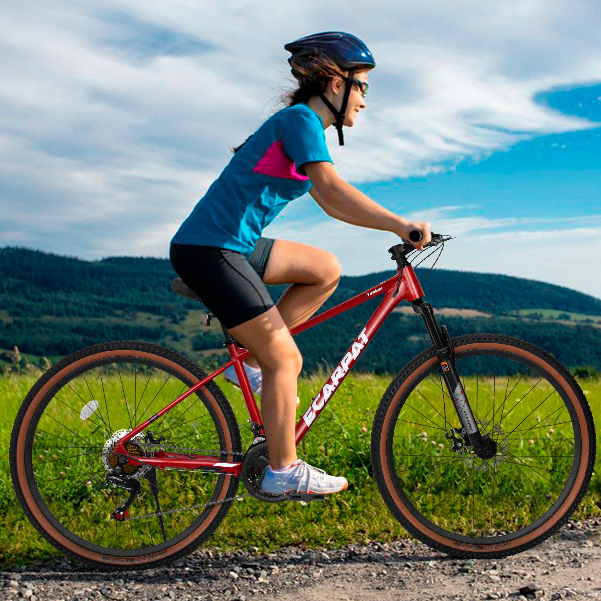 A27312 Ecarpat Mountain Bike 27 Inch Wheels, 21 Speed Mens Womens Trail Commuter City Mountain Bike, Aluminium Frame Disc Brakes Thumb Shifter Front Fork Bicycles Cycling Red Without Durable Garden & Outdoor Multifunctional Polyurethane Foam Aluminium