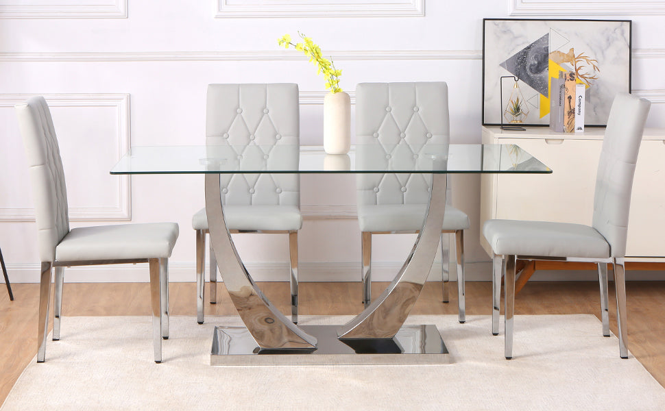 Table And Chair Set, Modern Dining Table, Tempered Glass Tabletop And Silver Colored Leg Table, Soft And Comfortable Dining Chair, Perfect For Dinner, Meetings, Home And Office Decor Gray Seats 4 Glass