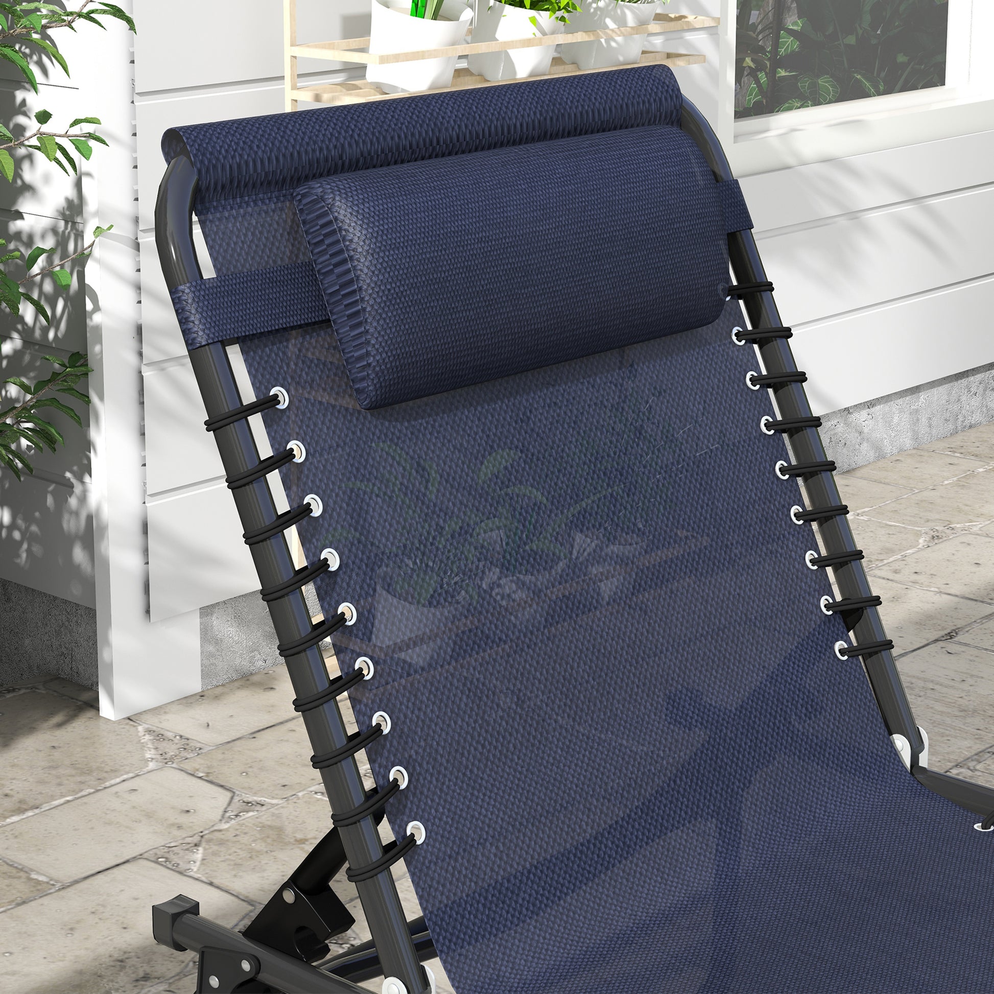 Outsunny Folding Chaise Lounge Pool Chair Set Of 2, Patio Sun Tanning Chair, Outdoor Lounge Chair W Reclining Back, Pillow,Mesh & Bungee Seat For Beach, Dark Blue Blue Steel