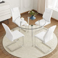 Table And Chair Set.A Modern Minimalist Round Dining Table With Transparent Tempered Glass Top And Silver Metal Legs,And 4 Chairs With Pu Backrest And Seat Cushion And Silver C Tube Metal Legs. Transparent,White Seats 4 Glass Metal