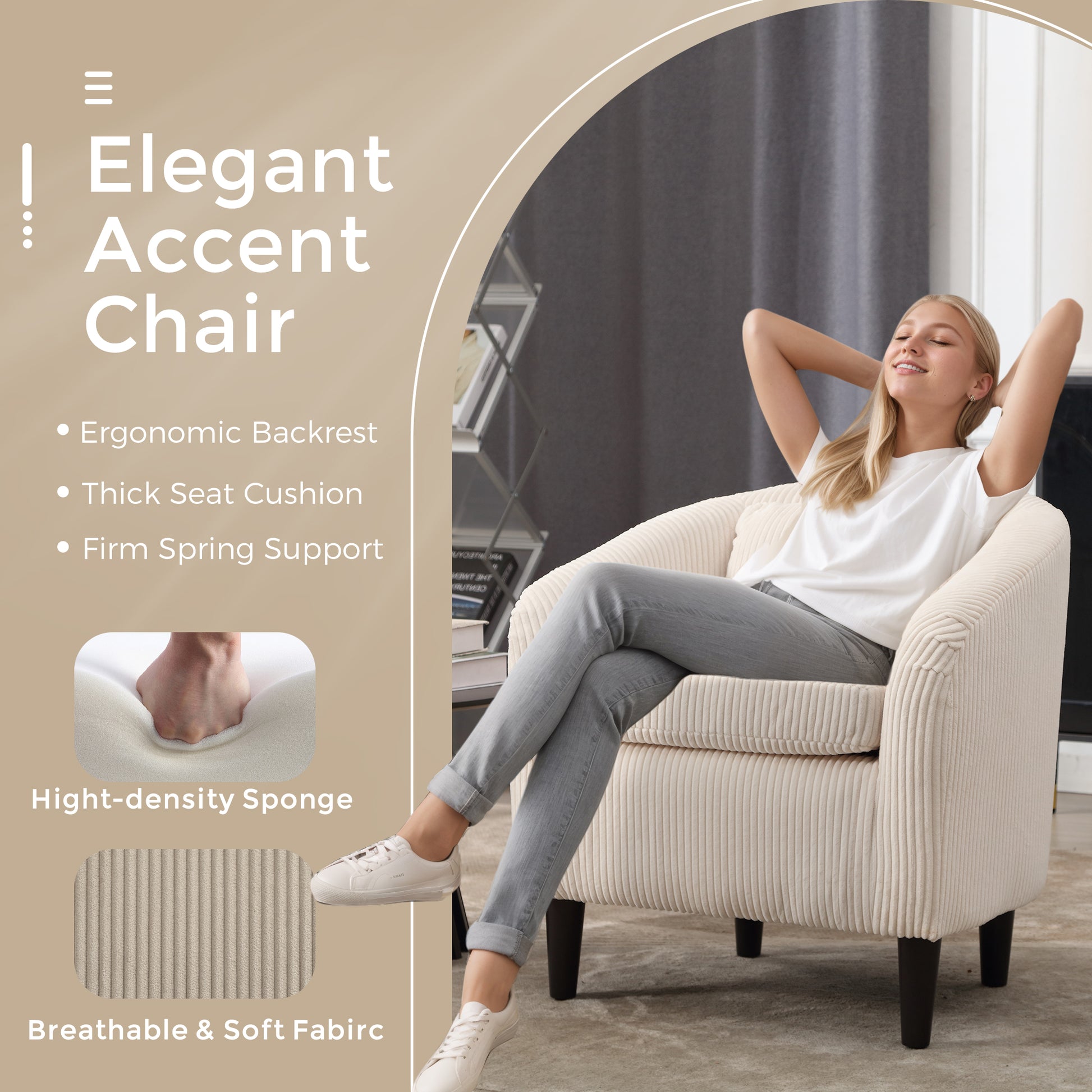 Coolmore Living Room Accent Barrel Chair, Century Modern Style Decorative Chair, Armchair For Living Room With Thick Cushions And Pillows, Comfy Single Sofa Chair, Chair With Wooden Legs,Beige Beige Corduroy