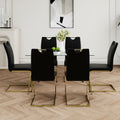 Modern Simple Rectangular Glass Dining Table, Wear Resistant Tempered Glass Countertop, Gold Plated Legs, Black Pu Dining Chair Set, Suitable For Restaurant Kitchen Use Set Of 7 Upholstered Chair