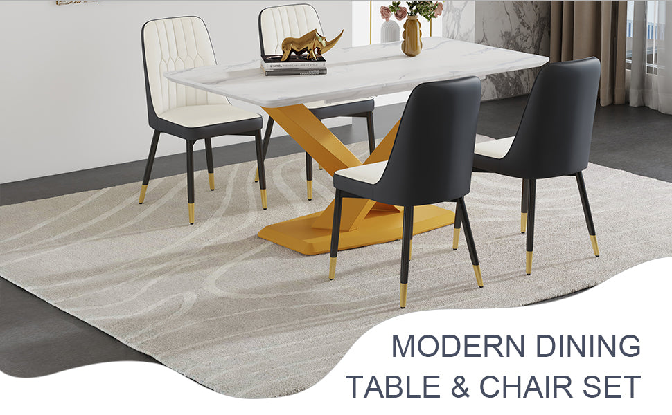 Table And Chair Set.The Table Is Equipped With A Marble Patterned Mdf Tabletop And Gold Table Legs.Paired With 4 White And Dark Gray Spliced Dining Chairs With Pu Cushions And Black Metal Legs. Dark