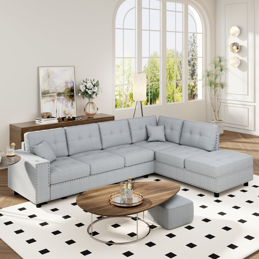 109.2''L Shaped Modular Sectional Sofa With Removable Back Cushions And 2 Pillows, Suitable For Living Rooms, Offices, And Apartments Light Gray Polyester 5 Seat