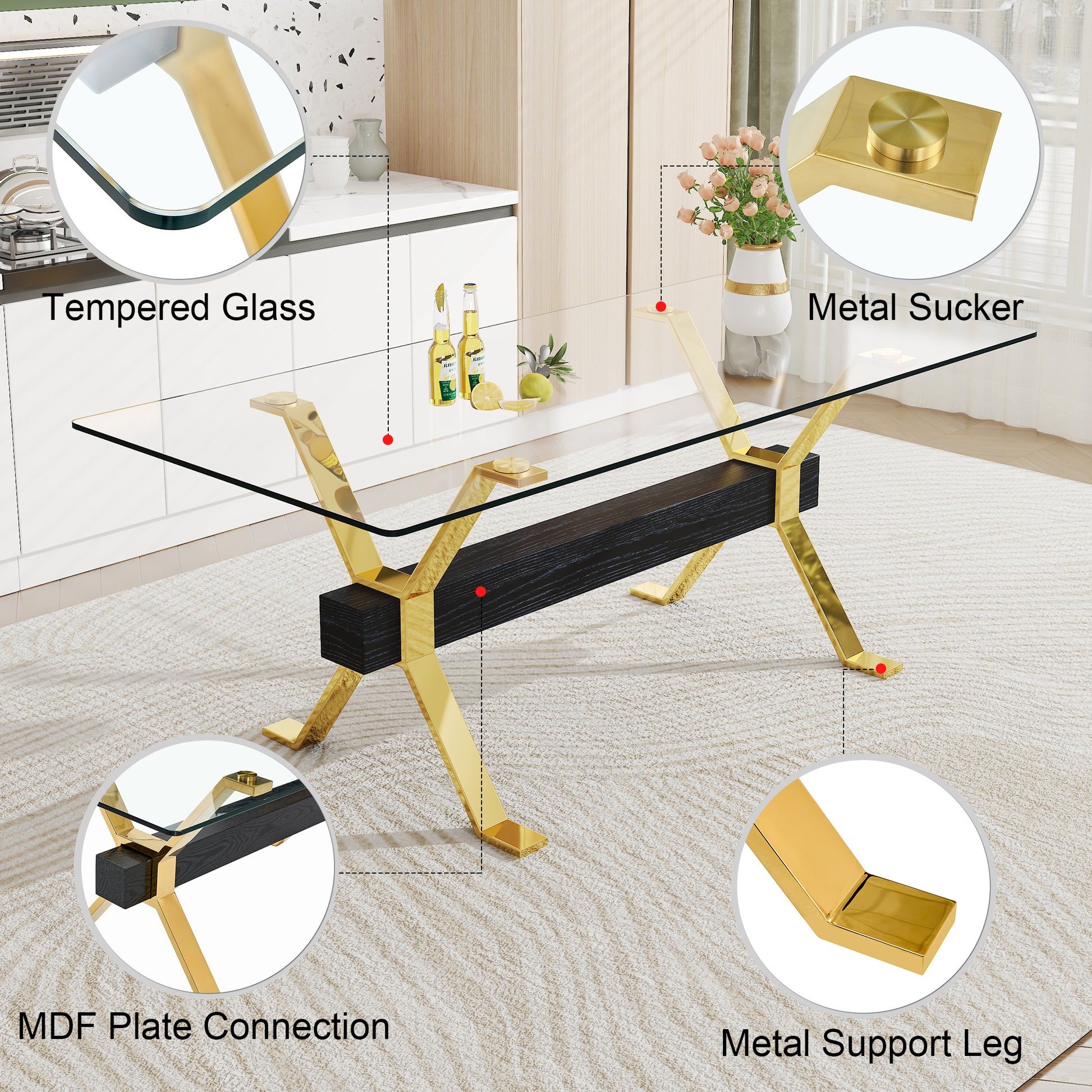 Dining Table. Modern Tempered Glass Dining Table. Large Modern Office Desk With Gold Metal Legs And Mdf Crossbars, Suitable For Home And Office Use. Kitchen .71 ''X35.4''X30 '' 1105 Transparent Glass