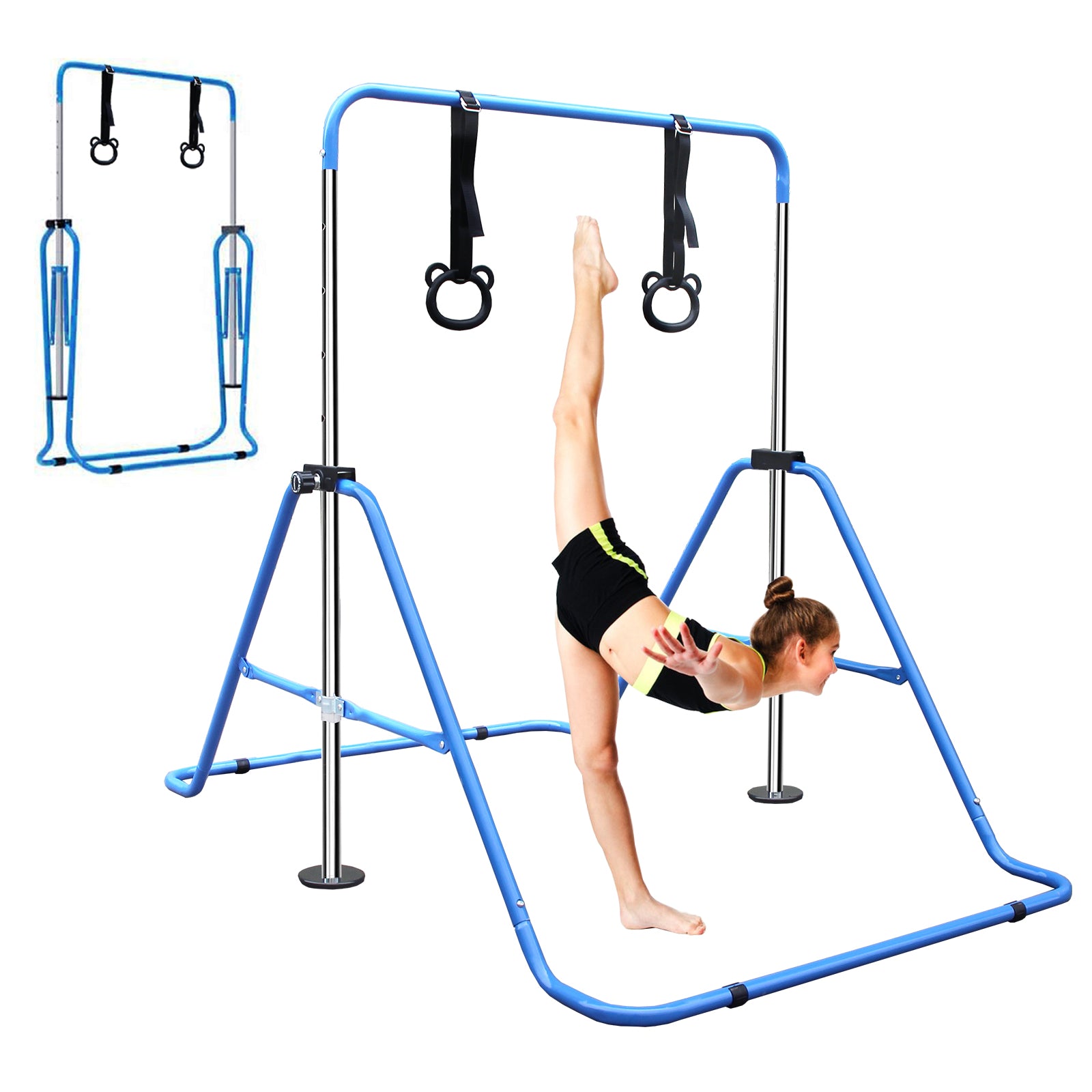 Multi Functional Adjustable Height Children'S Horizontal Gymnastic Bar With Bear Rings Blue Steel