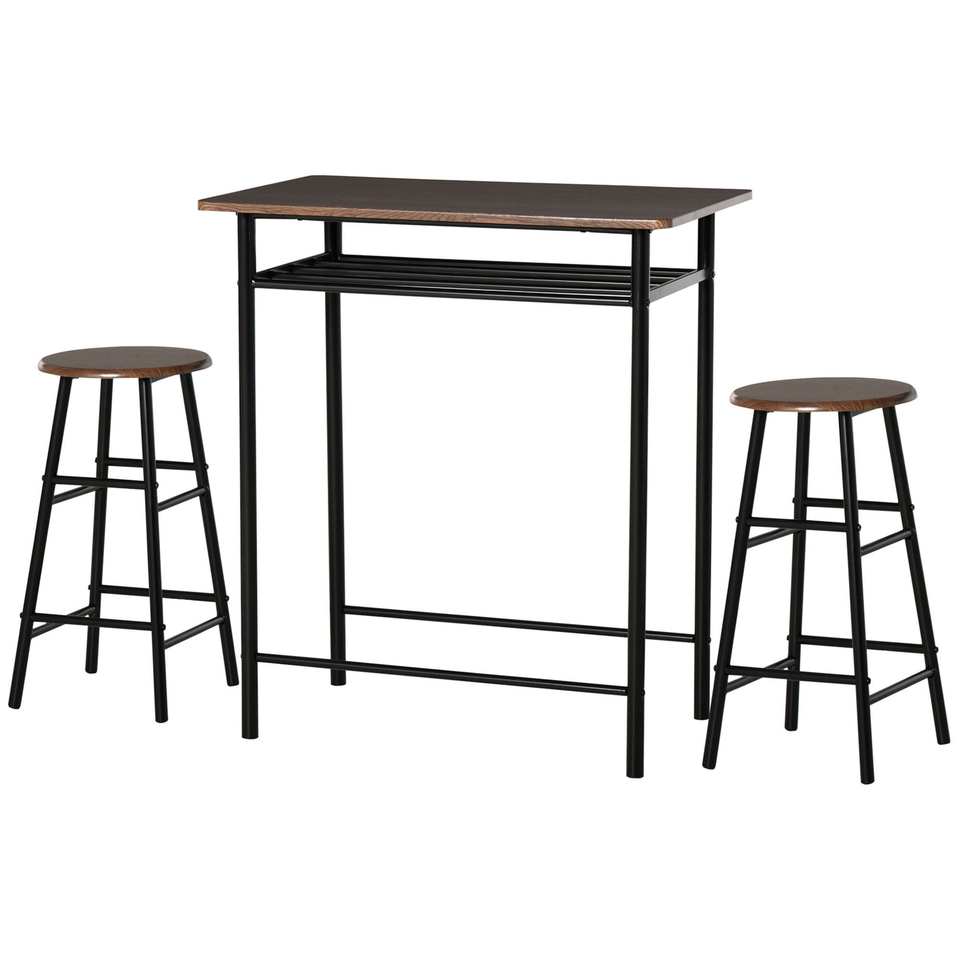 Homcom 3 Piece Counter Height Bar Table And Chairs Set, Space Saving Dining Table With 2 Matching Stools, Storage Shelf Metal Frame Footrest, Black, Brown Black Mdf
