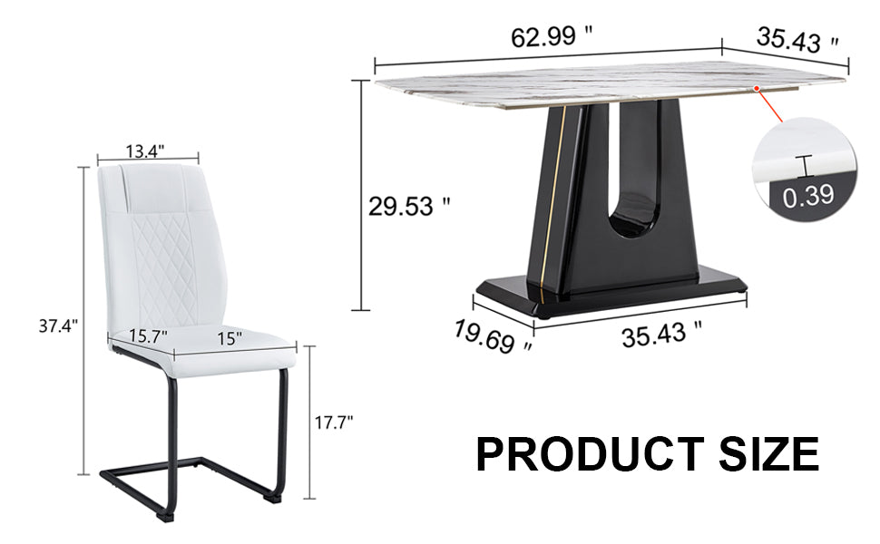 Table And Chair Set, Modern And Minimalist Dining Table, Imitation Marble Patterned Tabletop, Mdf Legs With U Shaped Brackets. Paired With Comfortable Chairs, Suitable For Dining And Living Rooms. Black Mdf Glass