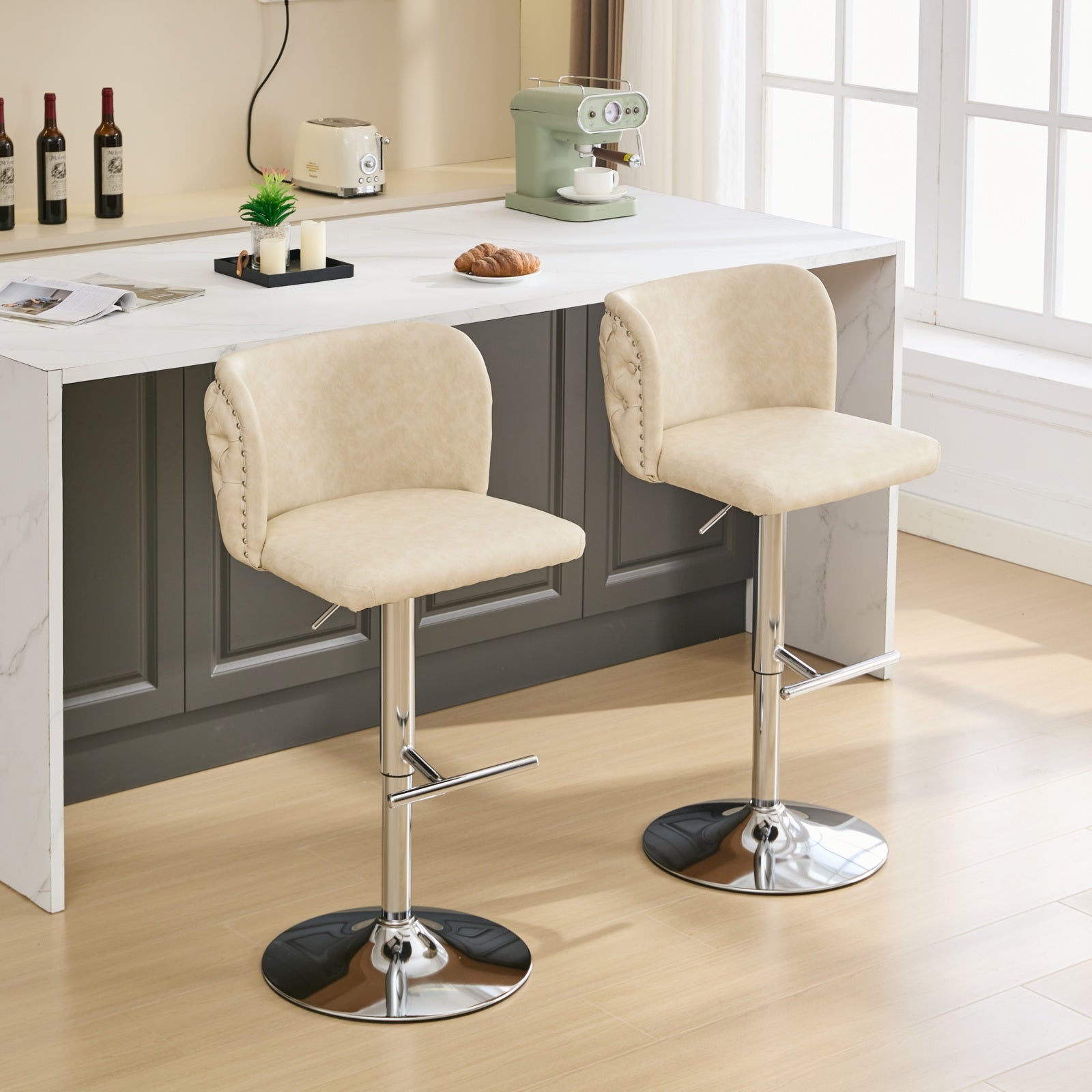 Swivel Barstools Adjusatble Seat Height With Chrome Base, Modern Pu Upholstered Bar Stools With The Whole Back Tufted, For Home Pub And Kitchen Island,Beige, Set Of 2 Beige American Design Bar Stools Set Of 2 Foam Pu Leather