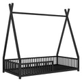Metal Twin Size House Platform Bed With Triangle Structure And Guardrail, Black Box Spring Not Required Twin Black Metal Metal