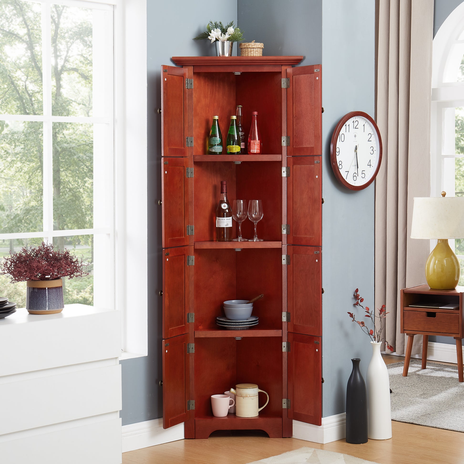 4 Tier 72" Corner Kitchen Pantry Storage Cabinet With 8 Doors Tall Storage Cabinet, Corner Cabinet And Adjustable Shelves, Home Farmhouse Bookshelf Cabinet For Bathroom, Living Room, Kitchen Cherry