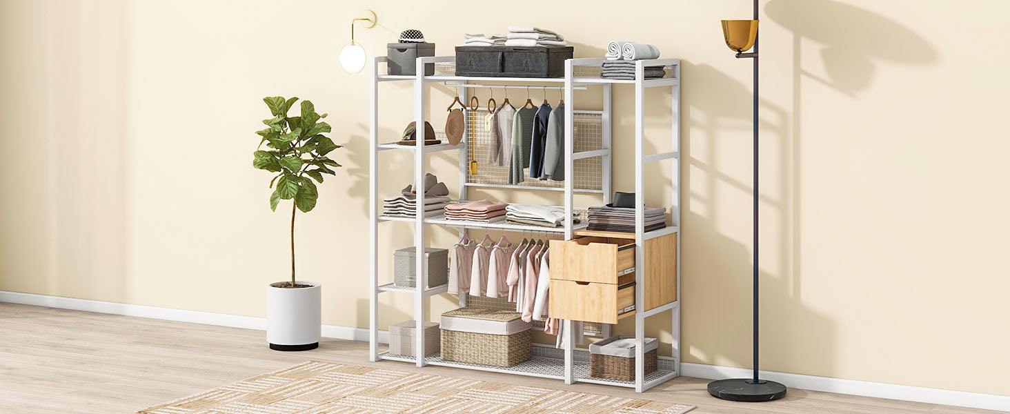 Open Style Wardrobe With Hanging Rails, Shelves And Drawers, White White Metal & Wood