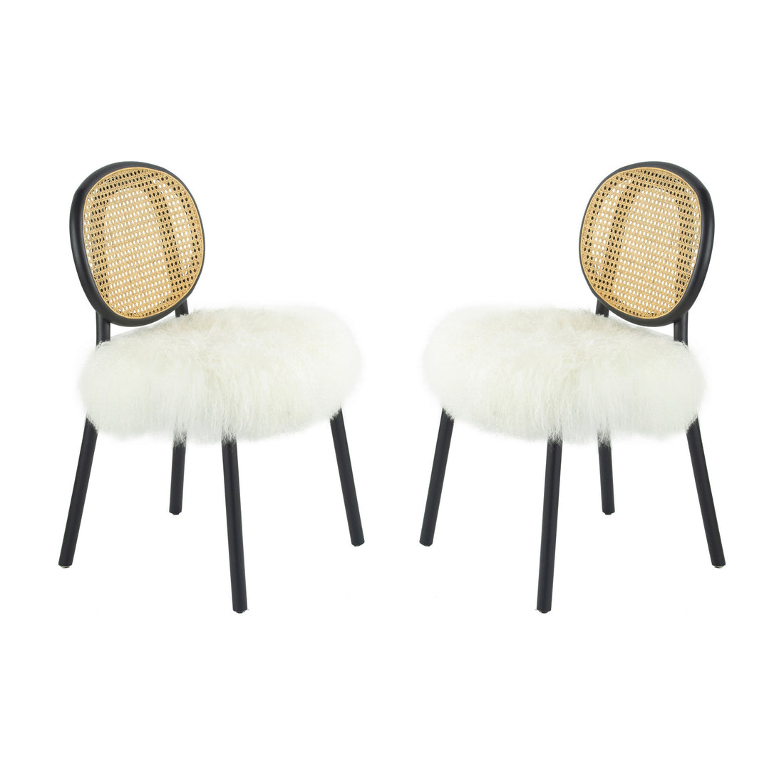 Ada 24 Inch Dining Chair, Cane Rattan Back, Fur Seat, Set Of 2, Black Black White Wood