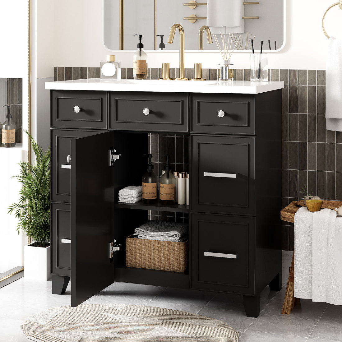 36" Bathroom Vanity Cabinet With Sink Top Combo Setblack ,Single Sink,Shaker Cabinet With Soft Closing Door And 3 Drawers Black Bathroom Solid Wood Mdf Resin