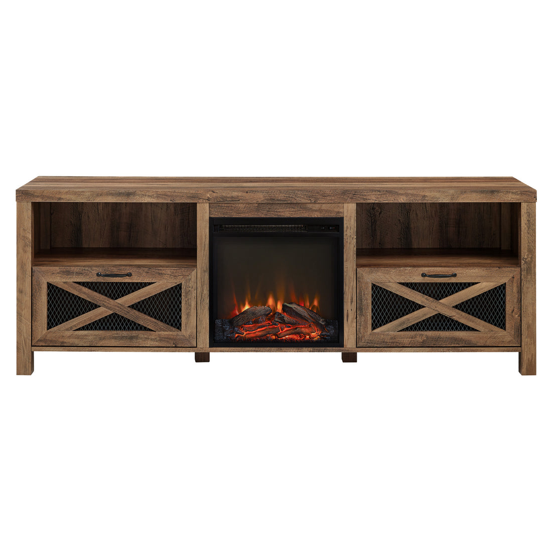 Industrial Farmhouse Metal Mesh Drop Down X Door 70" Fireplace Tv Stand For 80" Tvs Rustic Oak Oak Mdf