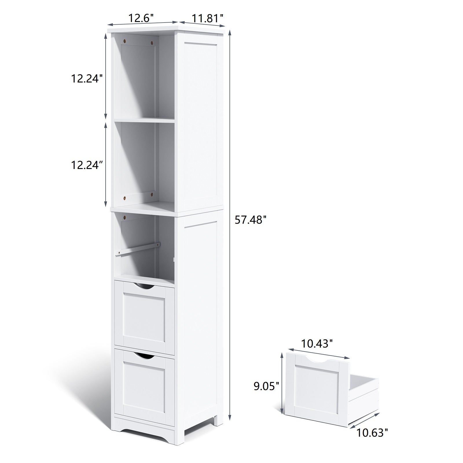 Bathroom Tall Storage Cabinet, Slim Free Standing Cabinet With 3 Drawers And 2 Shelves,Floor Cabinet For Small Space, 11.8" D X 12.6" W X 57.5" H, White Ameican White Oak Rubber Wood