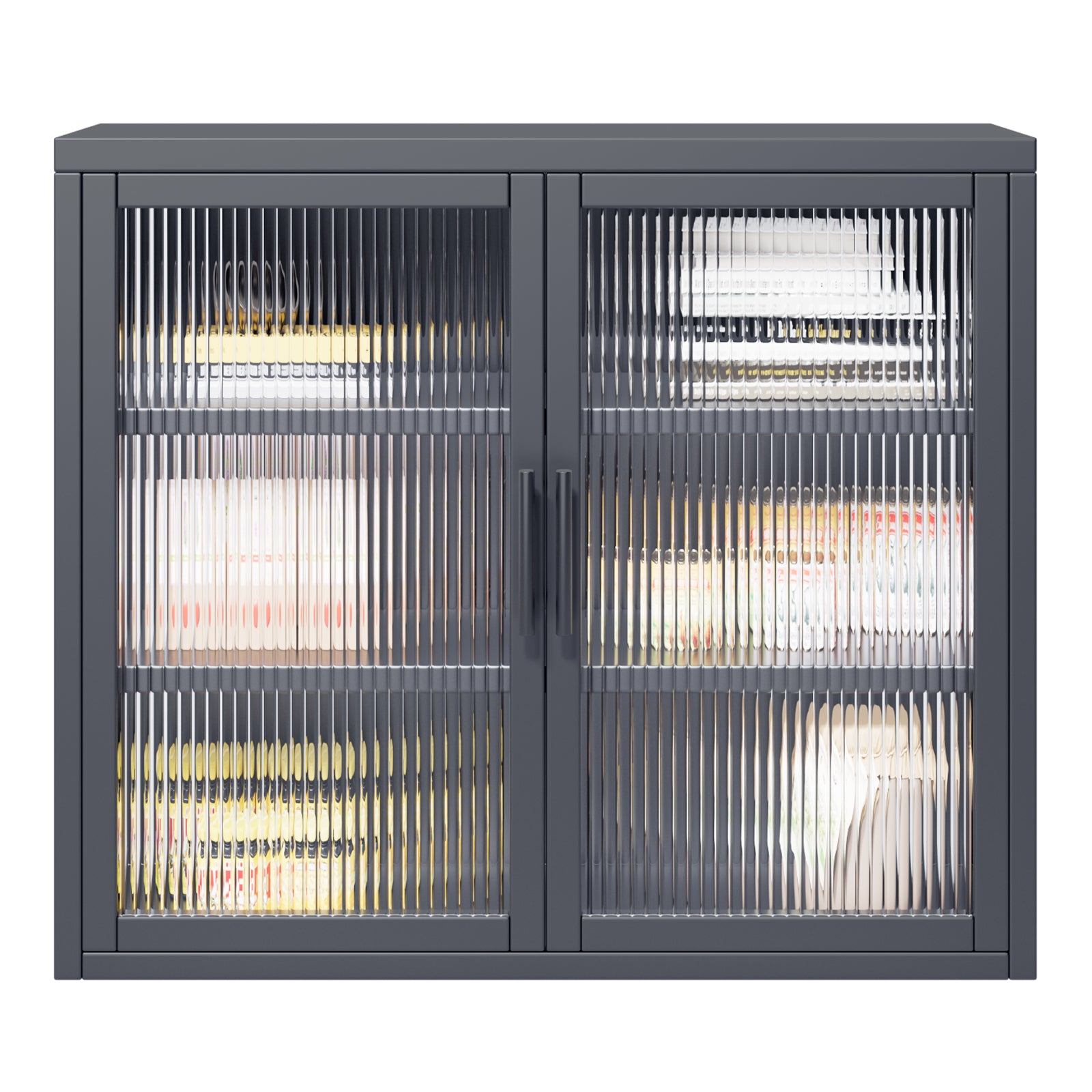 Retro Style Haze Double Glass Door Wall Cabinet With Detachable Shelves For Office, Dining Room,Living Room, Kitchen And Bathroom Grey Color Gray Tempered Glass Sheet Metal Plastic