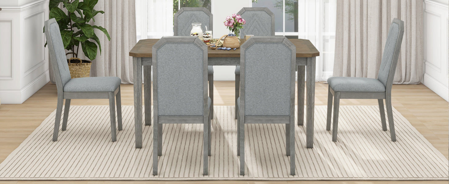 7 Piece Farmhouse Dining Set Classic Rustic Table And 6 High Back Design Chairs For Dining Room, Kitchen Brown Gray Brown Gray Solid Wood Mdf