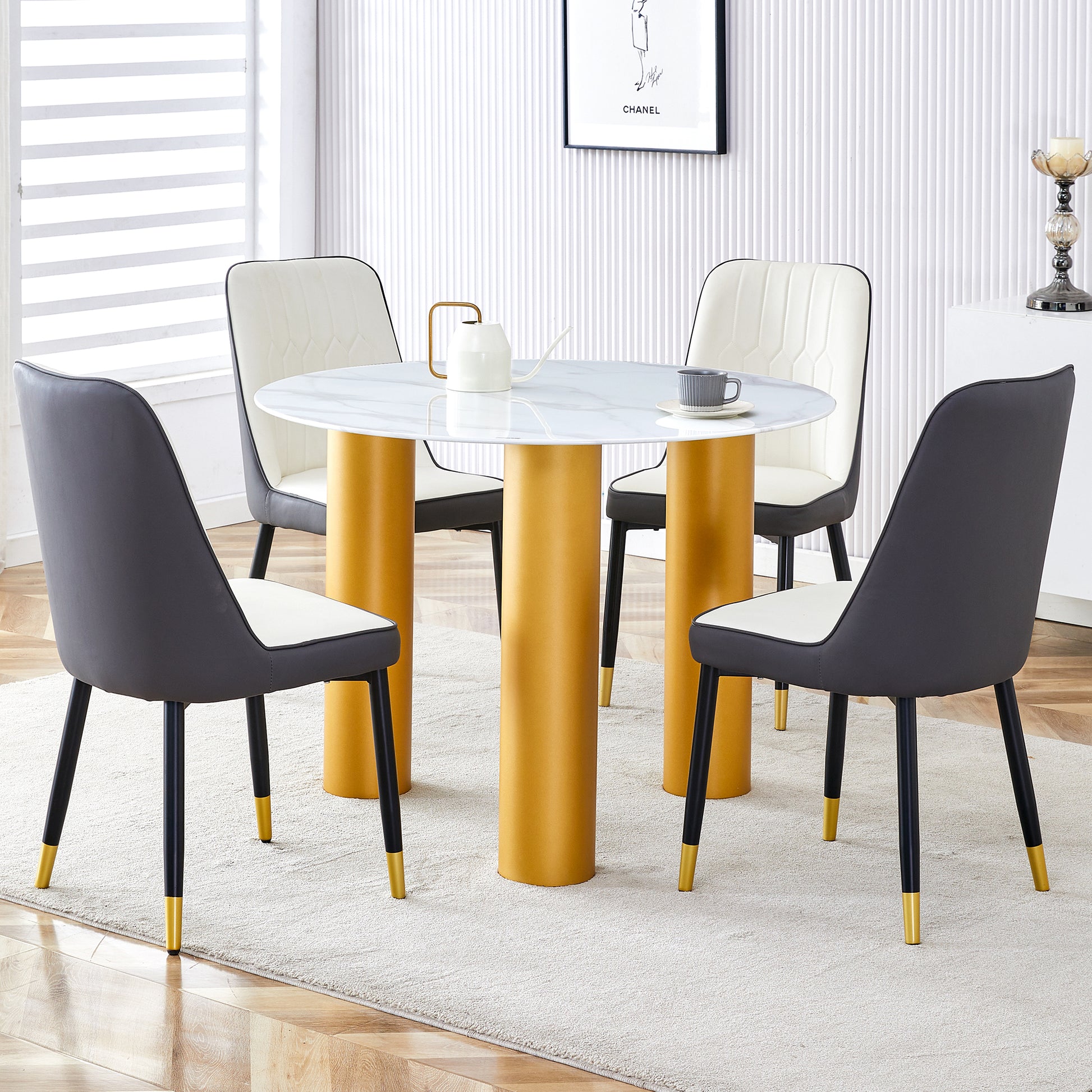 Table And Chair Set, Round Table With White Marble Pattern, Gold Mdf Table Legs, Soft And Comfortable Dining Chair, Suitable For Kitchen And Living Room White Mdf