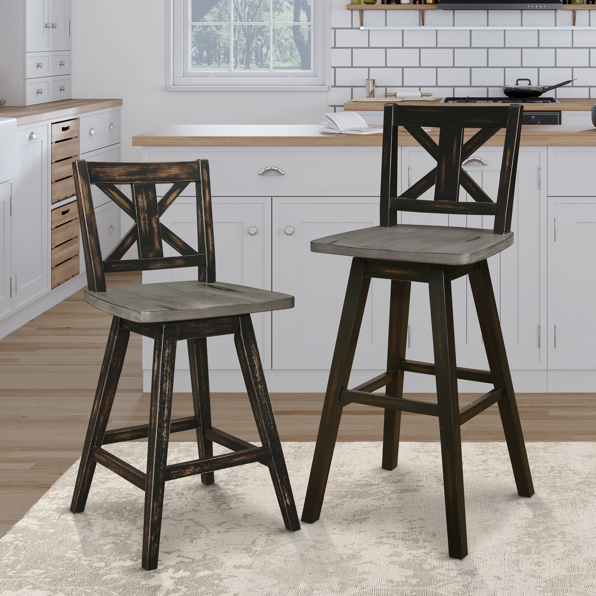 Pub Height Chairs Set Of 2, Distressed Gray And Black 360 Degree Swivel Chair Solid Rubberwood Furniture, X Back Bar Chairs Black Gray Dining Room Rustic Cross Back Solid Wood