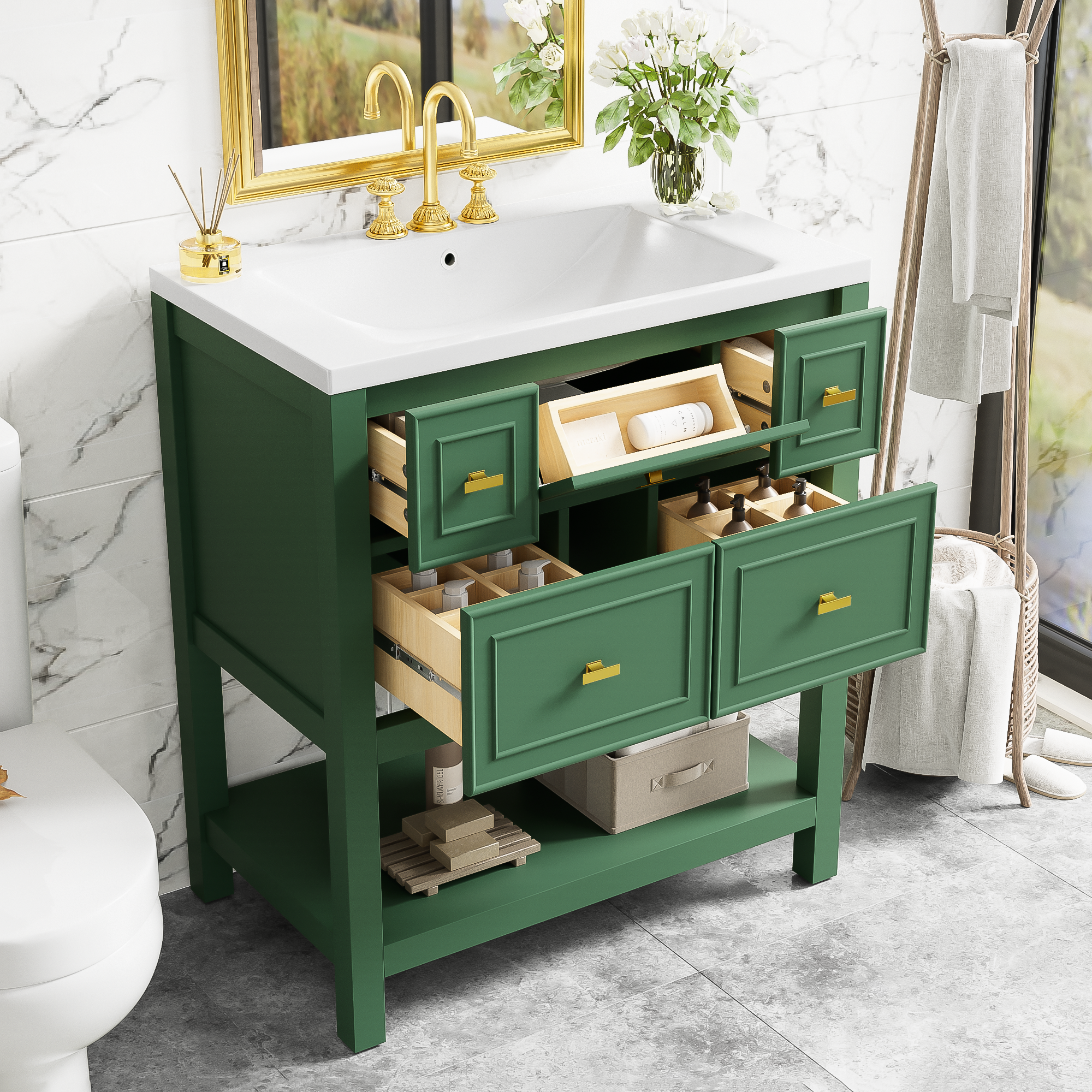 30'' Bathroom Vanity With Resin Sink Combo, Free Standing Single Vanity Set With 5 Drawers, Solid Wood Frame Bathroom Storage Cabinet, Green 4 Green 1 Bathroom Freestanding Modern Solid Wood Mdf Resin Painted