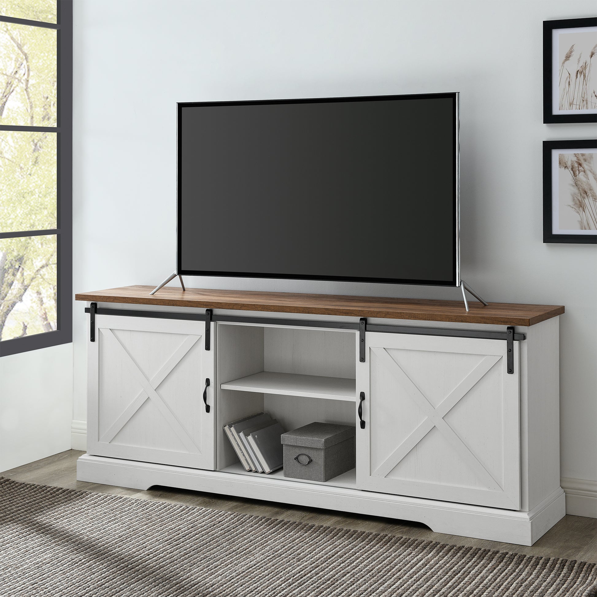 Farmhouse Sliding X Barn Door 70" Tv Stand For 80" Tvs Rustic Oak Brushed White White Washed Mdf