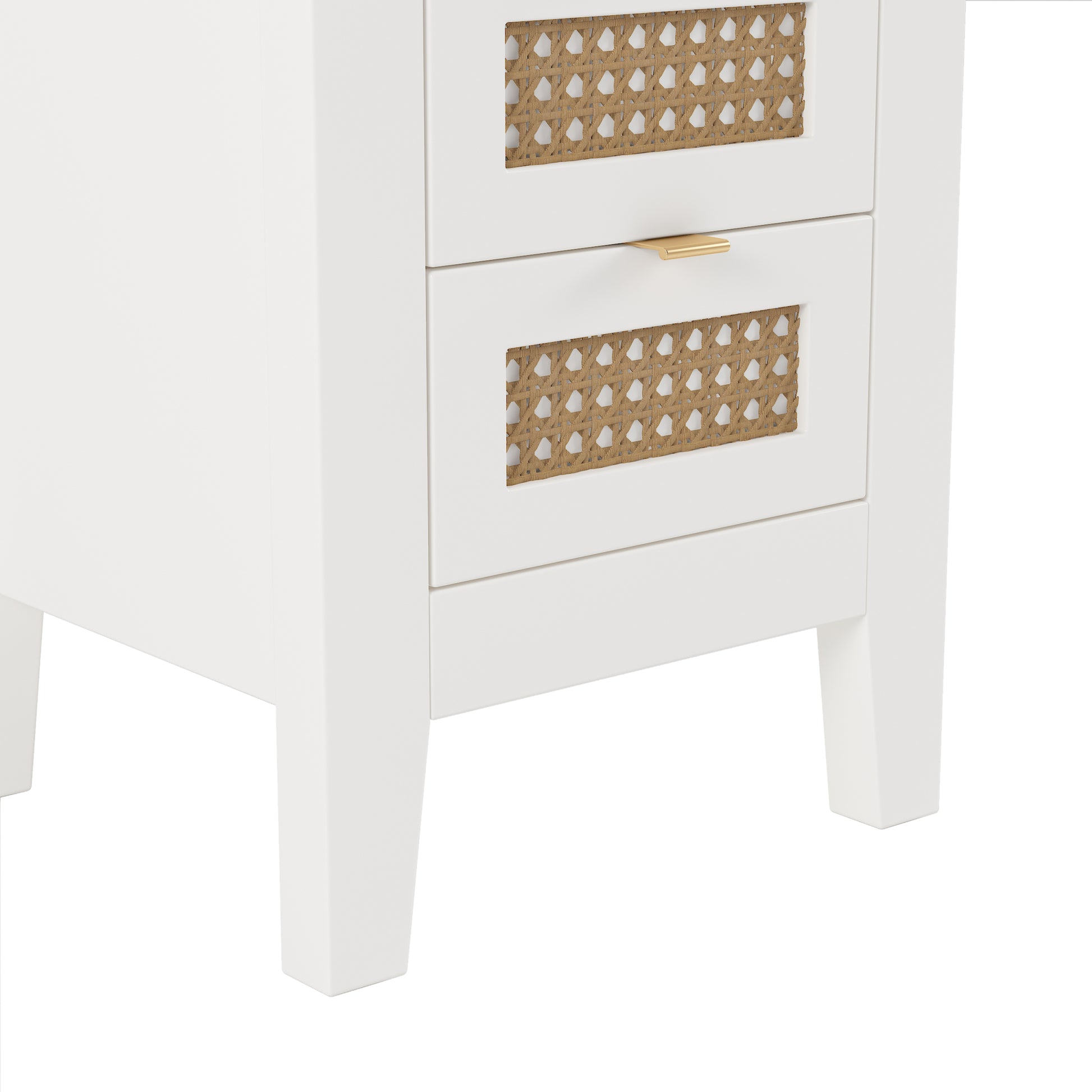 Wooden Nightstands Set Of 2 With Rattan Woven Surfaces And Three Drawers, Exquisite Elegance With Natural Storage Solutions For Bedroom, White White Particle Board