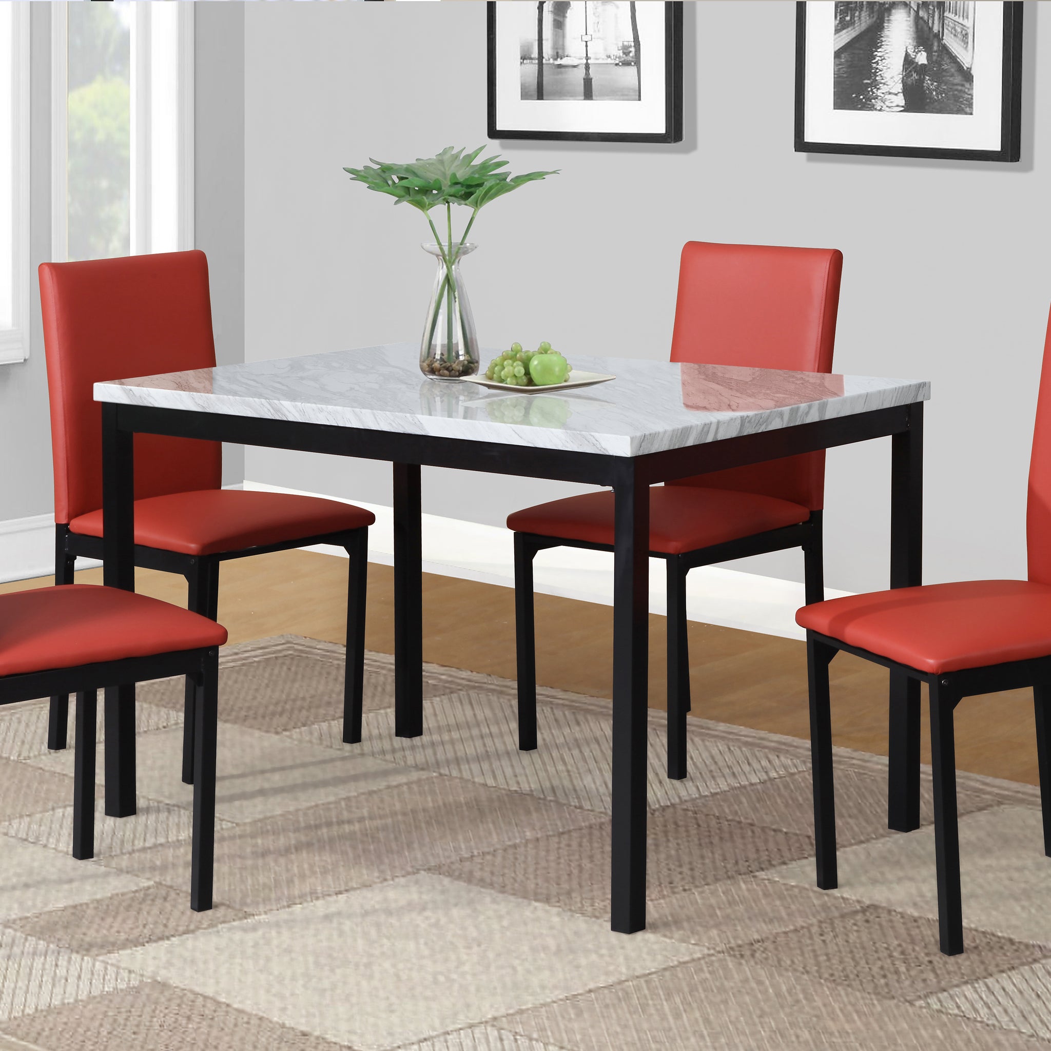 Citico 5 Piece Metal Dinette Set With Laminated Off White Faux Marble Top, 4 Red Chairs Metal White Black Seats 4 Metal Dining Room Fixed Table 4 Leg Rectangular Dining Table With Chair Metal & Wood