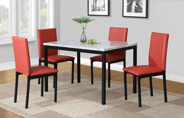 Citico 5 Piece Metal Dinette Set With Laminated Off White Faux Marble Top, 4 Red Chairs Metal White Black Seats 4 Metal Dining Room Fixed Table 4 Leg Rectangular Dining Table With Chair Metal & Wood