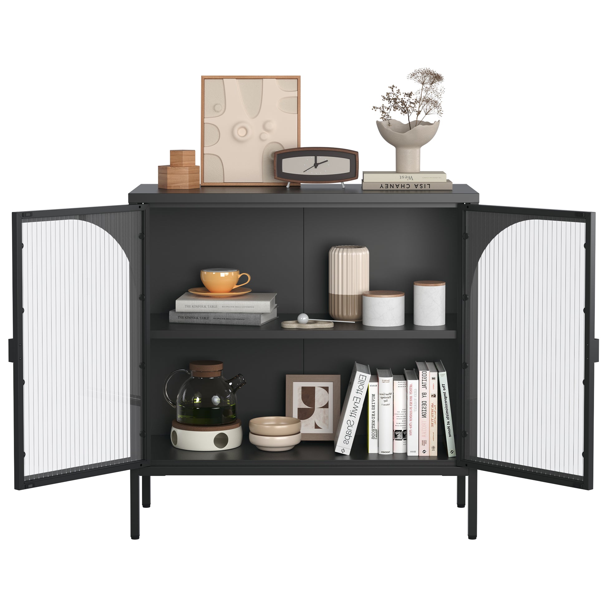 Metal Sideboard Cabinet,Accent Storage Cabinet With 2 Glass Doors,Modern Coffee Bar Cabinet With Adjustable Shelves 154 Lbs Capacity For Kitchen, Living Room And Hallway, Black Accent Chests 1 2 Shelves Antique Black Primary Living Space Glass Doors