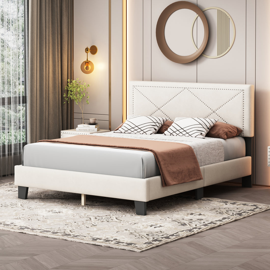 Simple Queen Size Upholstered Bed Frame With Rivet Design, Modern Velvet Platform Bed With Headboard, Beige Queen Beige Bedroom Bed Frame Velvet Solid Wood Mdf