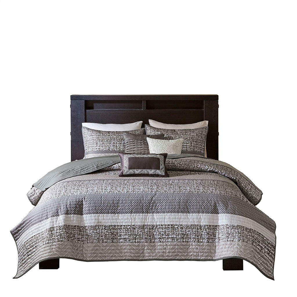 6 Piece Reversible Jacquard Quilt Set With Throw Pillows Grey Taupe Full Queen Grey Taupe Cotton