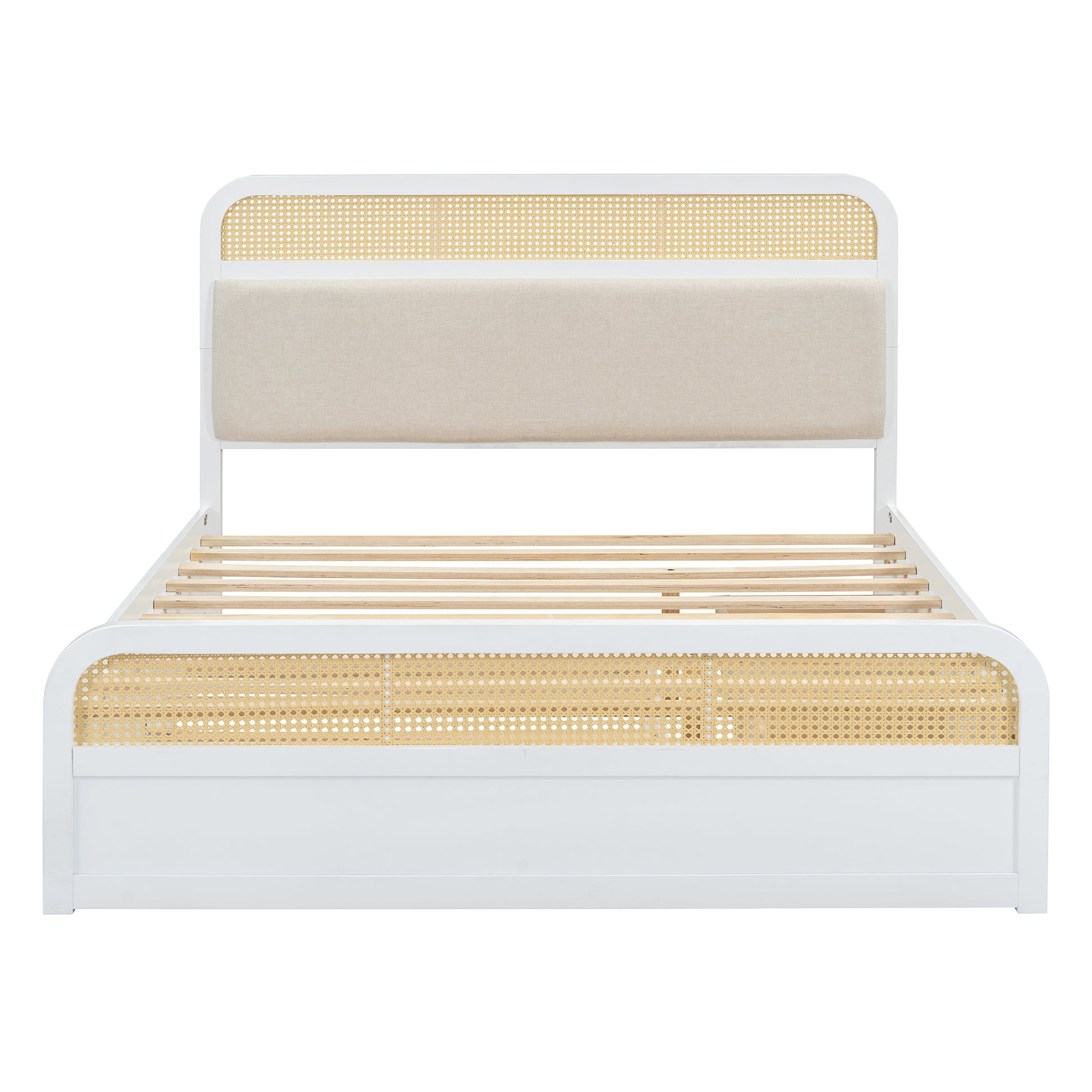 Queen Size Wooden Platform Bed With Trundle And 2 Drawers,White Queen White Solid Wood Mdf