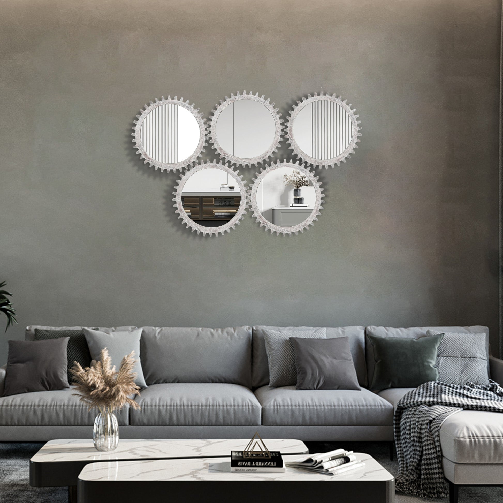 Vintage 17'' X 17'' Wood Round Hanging Gear Shape Decorative Mirror Patchwork Effect With Large Size Mirrors Individually On Art Walls,Sold Individually Antique White Washed White Washed American Design Solid Wood Mdf Mirror