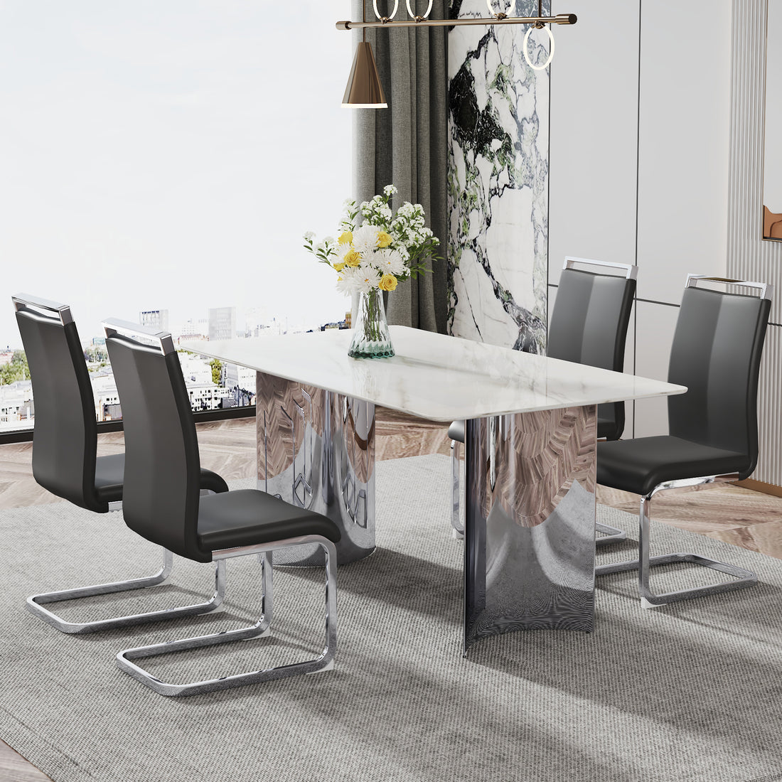 Modern Minimalist Dining Table. Imitation Marble Glass Sticker Desktop, Stainless Steel Legs, Stable And Beautiful. 4 Black Pu Seats. 63 "* 35.4" * 29.5 "Dt 69 C 1162 Silver Glass