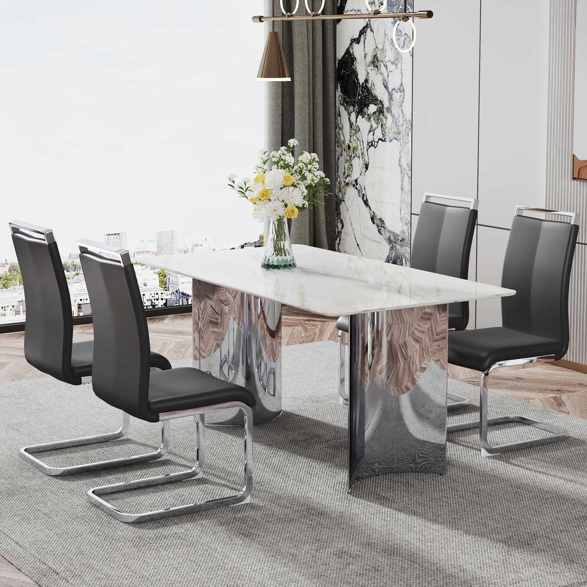 Modern Minimalist Dining Table. Imitation Marble Glass Sticker Desktop, Stainless Steel Legs, Stable And Beautiful. 4 Black Pu Seats. 63 "* 35.4" * 29.5 "Dt 69 C 1162 Silver Glass