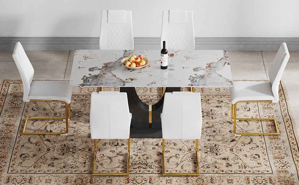 Table And Chair Set, Modern Dining Table, Patterned Table Top And Black Mdf Table Leg, Soft And Comfortable Dining Chair, Perfect For Dinner, Meetings, Home And Office Decor White Black Mdf Glass